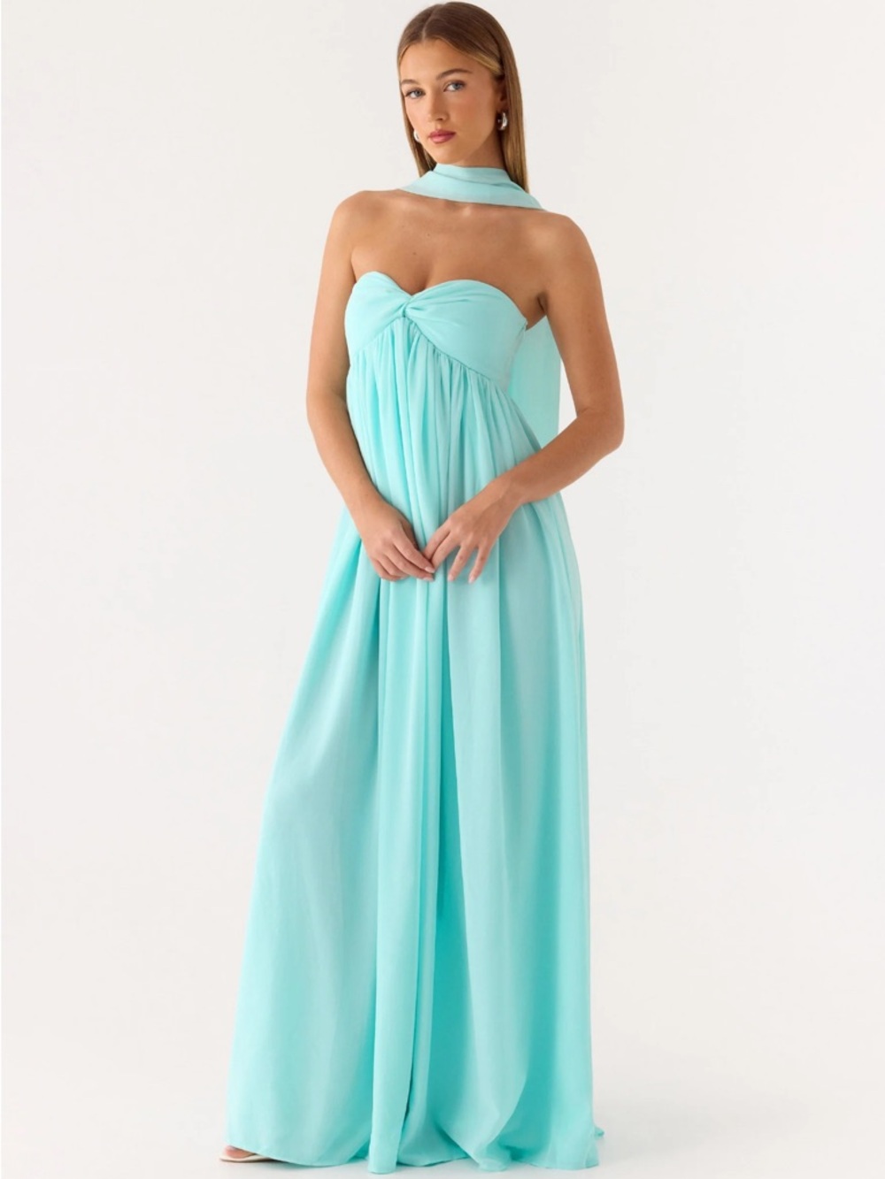 Peppermayo Strapless Aqua Blue Maxi Dress with Neck Sash